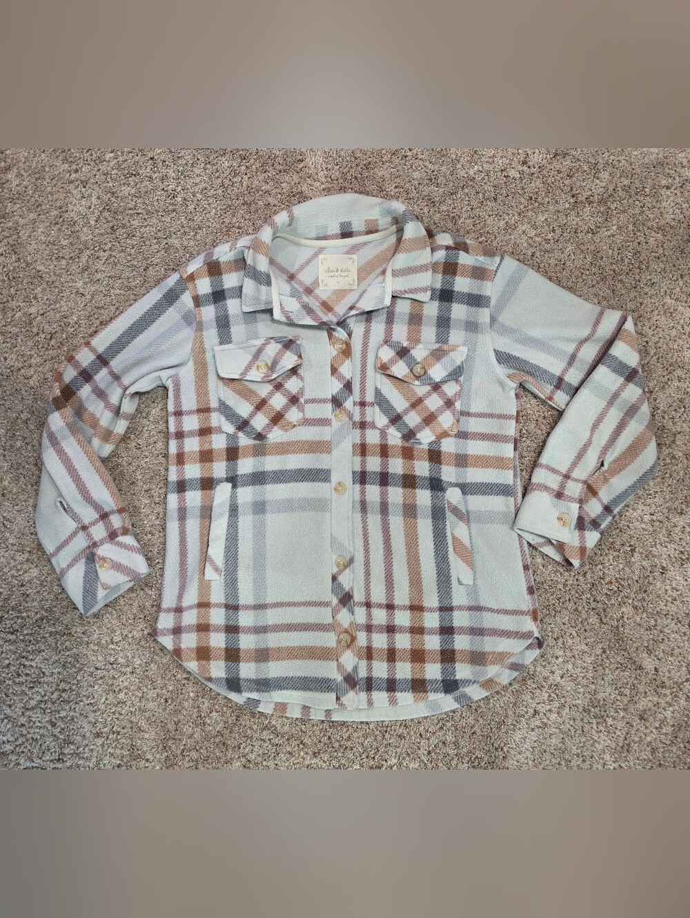 Altar'd State Plaid Fleece Shacket Pastel Blue Brown Button-Up Shirt Jacket Med